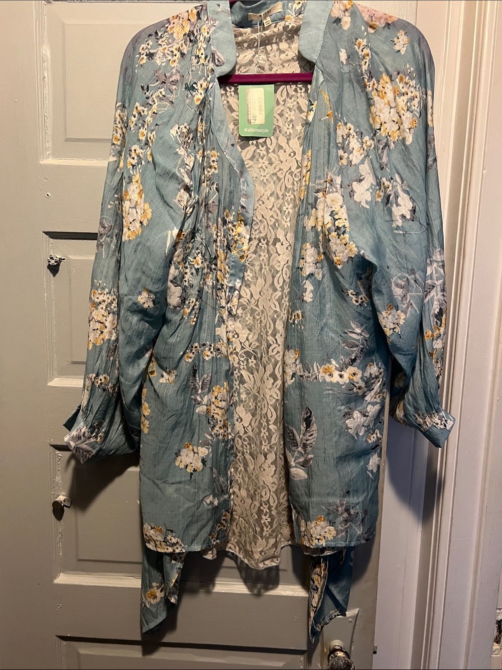 easel Floral Lace-Back Light Blue Kimono Tunic- Blazer Top